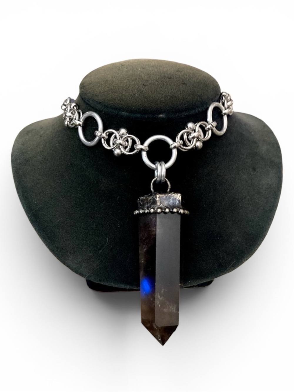 Handmade long raw black Smokey crystal quartz Celtic knot boho goth necklace